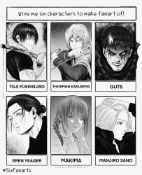 Rule 34 | absurdres, berserk, blood, blood from mouth, blood on face, bloody weapon, braid, braided ponytail, chainsaw man, character name, clenched teeth, dual wielding, eren yeager, frown, fushiguro touji, greyscale, guts (berserk), hair bun, hand on own head, highres, holding, jujutsu kaisen, knife, makima (chainsaw man), marvin (omarvin), monochrome, multicolored hair, multiple drawing challenge, one eye closed, parted lips, reverse grip, ringed eyes, sano manjirou, scar, scar on face, scar on mouth, serious, shingeki no kyojin, six fanarts challenge, smile, streaked hair, sword, teeth, thorfinn, tokyo revengers, vinland saga, weapon