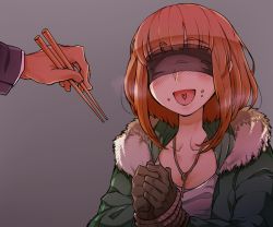 Rule 34 | 1boy, 1girl, blindfold, blush, bound, chopsticks, food, food on face, full-face blush, gloves, gradient background, happy, jewelry, key, necklace, ninjunker, open mouth, orange hair, original, short hair, sweat, tied up (nonsexual)