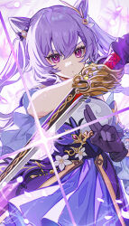 1girl bow braid chinese_clothes commentary_request cone_hair_bun cowboy_shot double_bun genshin_impact gloves hair_bow hair_bun highres holding holding_sword holding_weapon keqing_(genshin_impact) lion&#039;s_roar_(genshin_impact) long_hair pleated_skirt purple_bow purple_eyes purple_gloves purple_hair purple_skirt reverse_grip shibuki_kamone skirt solo sword twintails weapon