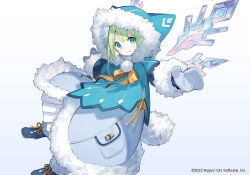 Rule 34 | 1girl, ainezu, black footwear, blue coat, boots, closed mouth, coat, disgaea, fur-trimmed hood, fur-trimmed sleeves, fur trim, green eyes, green hair, hood, hood up, looking at viewer, makai senki disgaea 7, mittens, neck ribbon, official art, outstretched arms, pom pom (clothes), ribbon, smile, solo, spread arms, white background, yellow ribbon