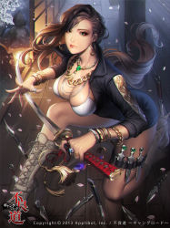 Rule 34 | 10s, 1girl, 2013, bikini, bikini top only, boots, bracelet, breasts, brown hair, chain, chain necklace, dated, earrings, female focus, furyou michi ~gang road~, gold chain, high heels, jacket, jewelry, katana, kunai, large breasts, lips, long hair, love cacao, necklace, on one knee, petals, ring, solo, swimsuit, sword, thigh strap, weapon, white bikini