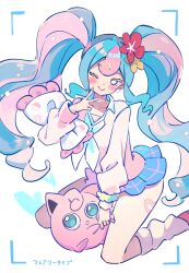 Rule 34 | 1girl, blue eyes, blue hair, blue skirt, blush, choker, closed mouth, creatures (company), curly hair, earrings, fairy miku (project voltage), flower, game freak, gen 1 pokemon, hair flower, hair ornament, hand up, hatsune miku, heart, highres, jewelry, jigglypuff, kneeling, lllll (llllla3434), long hair, long sleeves, looking at viewer, loose socks, miniskirt, multicolored hair, nail polish, neckerchief, nintendo, one eye closed, open mouth, pillow, pink choker, pink footwear, pink hair, pink nails, pink sweater, plaid, plaid skirt, pleated skirt, pokemon, pokemon (creature), project voltage, red flower, scrunchie, sidelocks, skirt, smile, socks, sweater, twintails, two-tone hair, v, very long hair, vocaloid, white background, white neckerchief, wrist scrunchie, yellow flower, yellow scrunchie
