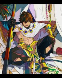 Rule 34 | 1boy, abs, black pants, brown hair, cape, commentary, ebanoniwa, english commentary, fate/grand order, fate (series), grin, hair between eyes, highres, holding, holding staff, letterboxed, looking at viewer, male focus, navel, one eye closed, ozymandias (fate), pants, sandals, sitting, smile, solo, staff, white cape, yellow eyes