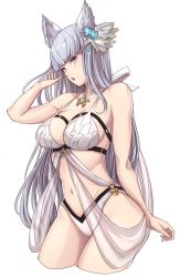 Rule 34 | 10s, 1girl, animal ears, arm at side, arm up, bad id, bad twitter id, bikini, blue eyes, blunt bangs, breasts, chestnut mouth, cleavage, cowboy shot, cropped legs, erune, flower, granblue fantasy, hair flower, hair ornament, tucking hair, jewelry, korwa, korwa (summer) (granblue fantasy), large breasts, long hair, michihasu, navel, necklace, pendant, silver hair, simple background, solo, swimsuit, very long hair, white background, white bikini