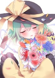 Rule 34 | 1girl, absurdres, blue flower, blue rose, blurry, blurry background, blush, closed eyes, flower, flower request, green hair, hair between eyes, hat, hat ribbon, heart, heart of string, highres, holding, komeiji koishi, light smile, long sleeves, parted lips, pink flower, red flower, ribbon, rori82li, rose, shirt, short hair, simple background, solo, spider lily, touhou, white background, yellow flower
