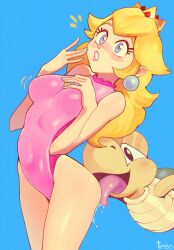 Rule 34 | 1girl, 1other, arched back, bare legs, blonde hair, blue background, blue eyes, blush, breasts, brooch, crown, earrings, eyelashes, hand on own chest, highres, jewelry, koopa troopa, leotard, licking, licking ass, lipstick, makeup, mario &amp; sonic at the olympic games, mario (series), medium breasts, nail polish, nintendo, open mouth, pink leotard, princess peach, saliva, sphere earrings, surprised, thighs, timbocactus