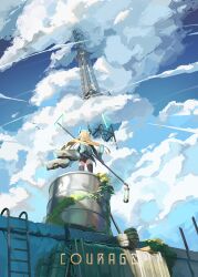 Rule 34 | 1girl, black shorts, black thighhighs, blonde hair, blue sky, cloud, cloudy sky, commentary request, day, english text, facing away, floating hair, flower, from behind, from below, highres, holding, horns, long hair, mecha musume, moss, natori youkai, original, outdoors, satellite dish, short shorts, shorts, sky, solo, standing, thighhighs, tower, very long hair, yellow flower