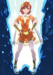 Rule 34 | 1girl, adapted costume, brown eyes, brown hair, cape, commentary request, contrapposto, cosplay, dc comics, detached collar, full body, gauntlets, hands on own hips, looking at viewer, misaka mikoto, orange shirt, orange skirt, parted lips, raika9, shazam, shazam (cosplay), shazam (movie), shirt, short hair, skirt, smile, solo, superhero costume, toaru kagaku no railgun, toaru majutsu no index, white cape