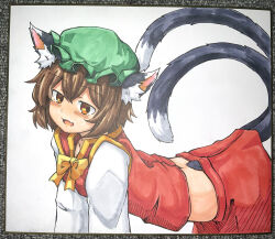 Rule 34 | 1girl, :d, absurdres, all fours, animal ear fluff, animal ears, blush, brown eyes, brown hair, cat ears, cat tail, chagamaka, chen, commentary request, double-parted bangs, fang, frills, from side, gold trim, green hat, hair between eyes, half-closed eyes, hat, highres, long sleeves, midriff, mob cap, multiple tails, open mouth, red skirt, red vest, short hair, skin fang, skirt, skirt set, smile, solo, tail, touhou, traditional media, two tails, vest
