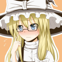 Rule 34 | 1girl, bespectacled, blonde hair, blue eyes, blush, embarrassed, female focus, finger to face, flask (artist), flask (pandora), glasses, hat, highres, kirisame marisa, long hair, looking away, solo, touhou, witch hat