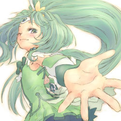 Rule 34 | 10s, 1girl, armpits, blush, bow, cure march, detached sleeves, dress, female focus, green dress, green eyes, green hair, green skirt, green theme, hair ornament, magical girl, matching hair/eyes, midorikawa nao, nametake, one eye closed, outstretched hand, ponytail, precure, skirt, smile, smile precure!, solo, tiara, wink