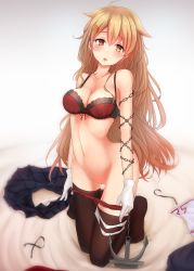 Rule 34 | 1girl, anchor, black skirt, black thighhighs, blush, bra, breasts, brown eyes, cleavage, gloves, gradient hair, hair down, hair flaps, hair ornament, hair ribbon, hairclip, heterochromia, highres, kantai collection, large breasts, light brown hair, long hair, looking at viewer, multicolored hair, murasame (kancolle), navel, nuka (nvkka), open mouth, panties, panty pull, red bra, red eyes, red panties, ribbon, sitting, skirt, solo, thighhighs, thighs, twintails, underwear, unworn clothes, unworn skirt, white gloves