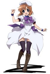Rule 34 | 1girl, absurdres, beret, black thighhighs, blue eyes, boots, brown footwear, brown hair, cross-laced footwear, dress, full body, hat, highres, higurashi no naku koro ni, lace-up boots, open mouth, ryuuguu rena, short hair, smile, solo, standing, thighhighs, tokiani, white background, white dress, white hat, wristband