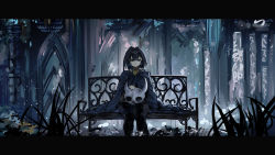 Rule 34 | 1girl, absurdres, bench, black pantyhose, blue eyes, blue hair, brooch, cape, earrings, grass, heart, heart earrings, highres, hollow knight, hololive, hololive english, jewelry, letterboxed, looking at viewer, mask, unworn mask, medium hair, ouro kronii, pantyhose, sitting, solo, virtual youtuber, vyragami