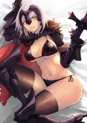 Rule 34 | 1girl, ahoge, armor, bed sheet, bikini, black bikini, board game, breasts, cape, cleavage, commentary request, covered erect nipples, fate/grand order, fate (series), fur-trimmed cape, fur collar, fur trim, gauntlets, go (board game), headpiece, highres, jeanne d&#039;arc (fate), jeanne d&#039;arc alter (avenger) (fate), jeanne d&#039;arc alter (fate), large breasts, navel, short hair, silver hair, srsojiro, swimsuit, sword, thighhighs, thighs, tsurime, weapon, yellow eyes