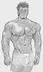 Rule 34 | 1boy, abs, bara, blush, boxers, bulge, cropped legs, facial hair, fate/grand order, fate (series), goatee, greyscale, highres, large pectorals, long sideburns, looking at viewer, male focus, male underwear, mature male, monmonhomon, monochrome, muscular, muscular male, napoleon bonaparte (fate), navel, nipples, parted lips, pectorals, scar, scar on chest, sideburns, smile, solo, standing, stomach, topless male, underwear