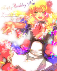 Rule 34 | 1girl, alternate costume, arc system works, bad id, bad pixiv id, blazblue, blonde hair, blush, bow, bug, butterfly, character name, choker, dress, female focus, flower, frills, green eyes, happy, happy birthday, insect, long hair, necktie, noel vermillion, open mouth, ribbon, solo, tsukumi (tkmillust), yellow eyes