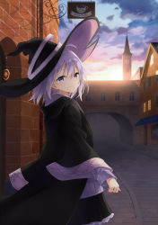 Rule 34 | 1girl, azuuru (azure0608), backlighting, brick wall, building, cloud, cloudy sky, cover, cover page, elaina (majo no tabitabi), grey eyes, hat, highres, looking at viewer, majo no tabitabi, novel cover, official art, original, short hair, sign, silver hair, sky, smile, solo, sunrise, textless version, witch hat