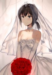 Rule 34 | 10s, 1girl, bare shoulders, black eyes, black hair, bouquet, breasts, bridal veil, bride, choker, collarbone, dress, elbow gloves, flower, fubuki (kancolle), gloves, gradient background, hews, holding, holding flower, kantai collection, red flower, red rose, rose, short hair, short ponytail, small breasts, smile, solo, strapless, strapless dress, tears, tiara, veil, wedding dress, white dress, white gloves