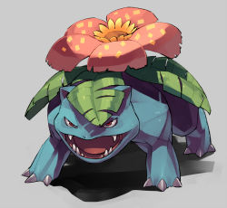 Rule 34 | claws, creatures (company), fangs, fighting stance, flower, game freak, gen 1 pokemon, grey background, leaf, looking at viewer, nintendo, no humans, open mouth, pokemon, pokemon (creature), red eyes, shihou (g-o-s), simple background, venusaur