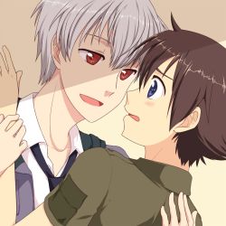 Rule 34 | 2boys, akise aru, amano yukiteru, black hair, blue eyes, blush, embarrassed, eye contact, grey hair, holding another&#039;s wrist, hug, imminent kiss, jacket, looking at another, male focus, miraclenight, mirai nikki, multiple boys, naughty face, necktie, no headwear, no headwear, open mouth, red eyes, shirt, short hair, shy, smile, surprised, yaoi