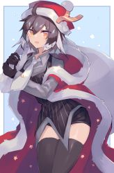 Rule 34 | 1girl, ahoge, arknights, black gloves, black thighhighs, brown eyes, brown hair, cape, collared shirt, commentary request, cowboy shot, feather hair, fur-trimmed cape, fur-trimmed headwear, fur trim, gloves, grey shirt, hair between eyes, hat, long sleeves, multicolored hair, necktie, open mouth, plume (arknights), red cape, red hat, sack, santa hat, sasa onigiri, shirt, short hair, smile, solo, standing, thighhighs, tie clip, two-tone hair, white hair, white necktie