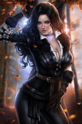 Rule 34 | 1girl, ayya sap, black gloves, black hair, black pants, blurry, blush, cowboy shot, depth of field, falling leaves, gloves, leaf, long hair, looking at viewer, mole, mole under mouth, pants, pentagram necklace, purple eyes, the witcher (series), yellow leaves, yennefer of vengerberg