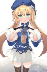 Rule 34 | 1girl, absurdres, artoria caster (fate), artoria pendragon (fate), bare shoulders, beret, blonde hair, blue dress, blue hat, blue sleeves, blush, brown thighhighs, bubble tea, bubble tea challenge, closed mouth, commentary request, detached sleeves, dress, failure, fate/grand order, fate (series), flower, green eyes, hair between eyes, hat, hat flower, highres, long hair, long sleeves, looking at viewer, motion blur, mouth hold, ochinsama, pleated skirt, signature, skirt, sleeveless, sleeveless dress, solo, thighhighs, twitter username, very long hair, white flower, white skirt