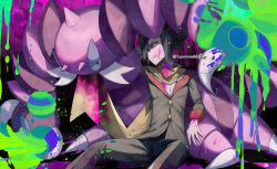 Rule 34 | 1boy, artist name, black hair, buttons, claws, commentary request, creatures (company), drapion, eyelashes, fingernails, game freak, gen 4 pokemon, grimsley (pokemon), highres, jacket, long sleeves, looking up, male focus, nintendo, paint, pants, pokemon, pokemon (creature), pokemon bw, scarf, shirt, tongue, tongue out, watermark, white shirt, yamanashi taiki, yellow scarf