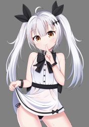 Rule 34 | 1girl, absurdres, aged down, ahoge, bare shoulders, black bow, black panties, black ribbon, blush, bow, brown eyes, closed mouth, dress, fingernails, five-seven (adventures of fenfen) (girls&#039; frontline), five-seven (girls&#039; frontline), girls&#039; frontline, grey background, hair ornament, hair ribbon, hand up, head tilt, highres, long hair, looking at viewer, official alternate costume, panties, ribbon, see-through, side-tie panties, sidelocks, silver hair, simple background, skirt hold, sleeveless, sleeveless dress, smile, solo, starfox1015, twintails, underwear, very long hair, wet, wet clothes, wet dress, white dress