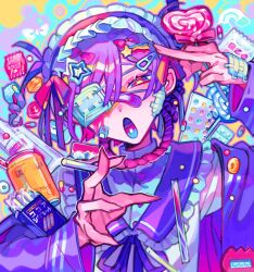 Rule 34 | 1other, androgynous, bandaid, bandaid on face, bandaid on hand, bandaid on nose, blood, blood on face, bonnet, bottle, bow, bright pupils, buttons, can, candy, candy wrapper, cigarette, cigarette pack, colored inner hair, drugs, eyepatch, food, frilled bonnet, frilled sailor collar, frills, hair bow, hair ornament, hairclip, hand up, heart, heart-shaped lollipop, highres, himanemuitoma, holding, holding candy, holding cigarette, holding food, jacket, lollipop, long fingers, long sleeves, medical eyepatch, multicolored hair, multiple hair bows, neck ribbon, noose, one eye covered, open clothes, open jacket, open mouth, original, pill, pink bow, pink hair, pink ribbon, pointing, pointing at self, purple eyes, purple hair, purple jacket, purple outline, purple ribbon, purple sailor collar, rainbow hair ornament, ribbon, sailor collar, shaped lollipop, shirt, short hair, solo, star (symbol), star hair ornament, turtleneck, upper body, white shirt, yellow pupils