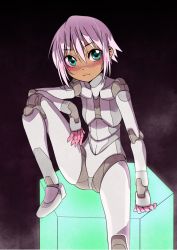 Rule 34 | 1girl, android, aqua eyes, arm on knee, commentary request, dark-skinned female, dark skin, flat chest, hexagon, joints, on one knee, original, pink hair, robot joints, short hair, simple background, sitting, solo, tommy region