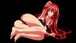 Rule 34 | 1girl, absurdres, ahoge, barefoot, bikini, blue eyes, blush, breasts, feet, high school dxd, highres, large breasts, long hair, looking at viewer, lying, on side, parted lips, red hair, rias gremory, soles, swimsuit, toes