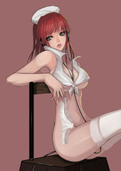 Rule 34 | 1girl, armpits, bare shoulders, bottomless, breasts, headphones, holding, holding clothes, holding panties, holding underwear, lips, nurse, original, paku, panties, red hair, shirt, sitting, solo, thighhighs, tied shirt, underboob, underwear, white thighhighs