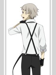 Rule 34 | 1boy, black gloves, bungou stray dogs, from behind, gloves, grey hair, hand on own chin, highres, looking to the side, mari (marimaripink), nakajima atsushi (bungou stray dogs), open mouth, shirt, solo, twitter username, upper body, white shirt, yellow eyes