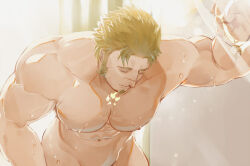 Rule 34 | 1boy, abs, bara, blonde hair, closed eyes, closed mouth, completely nude, facial hair, goatee, hinokumo f, jacob (housamo), large pectorals, male focus, muscular, muscular male, navel, nipples, nude, pectorals, scar, scar on face, scar on nose, short hair, solo, teeth, tokyo houkago summoners, upper teeth only
