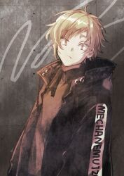 Rule 34 | 1boy, black jacket, blonde hair, brown jacket, brown shirt, closed mouth, clothes writing, collared shirt, colored eyelashes, commentary request, concrete, drawstring, frown, grey background, highres, hood, hood down, indoors, jacket, kagerou project, kano shuuya, looking at viewer, male focus, mokemoke chan, multicolored clothes, multicolored jacket, open clothes, open jacket, partial commentary, shirt, short hair, slit pupils, solo, two-tone jacket, upper body, yellow eyes