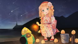 Rule 34 | 1girl, :&gt;, :d, agnamore, animal, bad id, bad pixiv id, beach, bird, black footwear, blonde hair, blush, bucket, chick, collarbone, commentary request, constellation, falling star, fireworks, floral print, flower, green eyes, hair flower, hair ornament, hairband, heart, heart in mouth, holding, horizon, japanese clothes, kimono, lighthouse, long hair, long sleeves, night, night sky, obi, ocean, open mouth, original, outdoors, parted lips, pigeon-toed, print kimono, red hairband, round teeth, sagittarius (constellation), sand, sandals, sash, senkou hanabi, sky, smile, solo, sparkler, squatting, star (sky), starry sky, teeth, toenails, triangle mouth, upper teeth only, water, white flower, white kimono, wide sleeves, zouri
