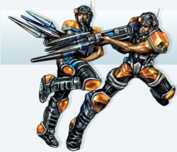 Rule 34 | 2boys, bodysuit, eternal chaos, full body, gradient background, gun, helmet, holding, holding weapon, looking at viewer, lowres, male focus, mmo, multiple boys, running, simple background, skin tight, weapon, white background
