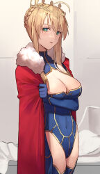 Rule 34 | 1girl, ahoge, artoria pendragon (fate), artoria pendragon (lancer) (fate), blonde hair, blue gloves, blue leotard, braid, breasts, cleavage, cleavage cutout, cloak, clothing cutout, covered navel, elbow gloves, fate/grand order, fate (series), fur-trimmed cloak, fur trim, gloves, highres, indoors, large breasts, leotard, looking at viewer, red cloak, sidelocks, solo, tesin (7aehyun)