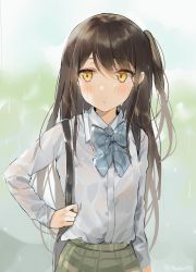 Rule 34 | 1girl, bad id, bad pixiv id, bag, blush, brown hair, closed mouth, collared shirt, kurut, long hair, long sleeves, looking to the side, one side up, original, outdoors, rain, school uniform, see-through, shirt, shoulder bag, solo, swept bangs, twitter username, upper body, very long hair, wet, wet clothes, wet hair, white shirt, yellow eyes