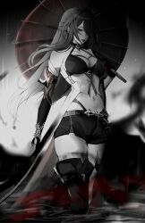 Rule 34 | 1girl, absurdres, acheron (honkai: star rail), bandaged leg, bandages, belt, black belt, black choker, black shorts, boots, breasts, chain, chain around arm, choker, cleavage, closed mouth, coat, coattails, collarbone, commentary, criss-cross halter, crop top, crying, crying with eyes open, elbow gloves, english commentary, gloves, hair intakes, hair over one eye, halterneck, highres, holding, holding umbrella, honkai: star rail, honkai (series), kaiii03, large breasts, leg tattoo, long hair, looking at viewer, midriff, navel, oil-paper umbrella, rain, red eyes, shorts, single bare shoulder, single thigh boot, solo, spot color, standing, tattoo, tears, thigh boots, thighs, umbrella, wading