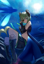 Rule 34 | 1girl, nanashi inc., black skirt, blue eyes, blush, boots, closed mouth, commentary, demon girl, demon horns, demon tail, detached sleeves, eyepatch, from below, full body, green hair, high heel boots, high heels, highres, honey strap, horns, hoshara, light, looking at viewer, midriff, sekishiro mico, short hair, skirt, solo, tail, tearing up, virtual youtuber