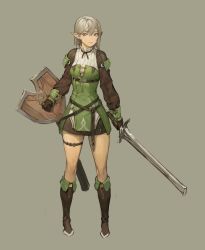 Rule 34 | 1girl, absurdres, belt, boots, brown background, brown footwear, brown gloves, closed mouth, controlline3, earrings, elf, fantasy, gloves, grey hair, hair between eyes, highres, holding, holding shield, holding sword, holding weapon, jewelry, original, pointy ears, purple eyes, scabbard, sheath, shield, simple background, single earring, sketch, solo, standing, sword, thigh strap, unsheathed, weapon