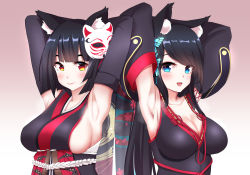 Rule 34 | 2girls, :d, animal ear fluff, animal ears, armpits, arms up, azur lane, black dress, black kimono, blue eyes, blunt bangs, blush, breasts, brown background, butterfly hair ornament, cat ears, cat mask, cleavage, closed mouth, commentary request, detached sleeves, dress, fusou (azur lane), gradient background, hair ornament, highres, japanese clothes, kimono, large breasts, lenxiao, long sleeves, looking at viewer, mask, mask on head, multiple girls, open mouth, red eyes, sideboob, sleeveless, sleeveless kimono, smile, upper body, white background, yamashiro (azur lane)