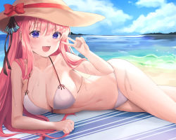 Rule 34 | 1girl, :d, absurdres, alternate hair length, alternate hairstyle, arm support, bare arms, bare shoulders, beach, beach towel, bikini, blush, breasts, butterfly hair ornament, cleavage, cloud, cloudy sky, collarbone, commentary, day, go-toubun no hanayome, hair ornament, halterneck, highres, large breasts, long hair, looking at viewer, lying, nakano nino, navel, ocean, on side, open mouth, outdoors, pink hair, purple eyes, ram art12, sky, smile, solo, stomach, string bikini, swimsuit, symbol-only commentary, towel, v, very long hair, water, wet, white bikini
