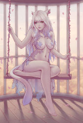 Rule 34 | 1girl, animal ears, warrior of light (ff14), barefoot, birdcage, breasts, breasts apart, cage, cat ears, cat tail, closed mouth, day, earrings, final fantasy, final fantasy xiv, heterochromia, jewelry, crossed legs, lips, long hair, looking at viewer, medium breasts, miqo&#039;te, nail polish, navel, petals, revealing clothes, sitting, slit pupils, solo, soranamae, swing, tail, white hair