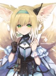 Rule 34 | 1girl, absurdres, animal ear fluff, animal ears, arknights, artist name, bare shoulders, black bag, black choker, black gloves, black vest, blonde hair, blue hair, braid, choker, clothing cutout, colored tips, commentary, dress, earpiece, fox ears, fox girl, fox tail, gloves, green eyes, hands up, highres, infection monitor (arknights), mask, material growth, multicolored hair, multiple tails, nanatsuka, oripathy lesion (arknights), pouch, shoulder cutout, simple background, single glove, single wrist cuff, solo, suzuran (arknights), tactical clothes, tail, upper body, vest, white background, white dress, white hair, white wrist cuffs, wrist cuffs