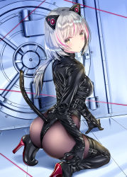 Rule 34 | 1girl, absurdres, animal ears, arm support, ass, bad id, bad pixiv id, belt, black gloves, blush, boots, breasts, buckle, cat ears, cat tail, commentary request, door, fake animal ears, fake tail, gloves, high heel boots, high heels, highres, kneeling, kobayashi chisato, latex, latex leotard, leaning forward, leotard, long hair, long sleeves, looking at viewer, low ponytail, medium breasts, multicolored hair, on floor, original, pantyhose, pink hair, ponytail, revision, sidelocks, solo, streaked hair, tail, thigh boots, thigh strap, thighhighs, thighs, white hair, yellow eyes