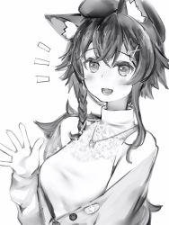 Rule 34 | 1girl, :d, animal ears, bad id, bad pixiv id, blush, braid, fang, fangs, greyscale, hand up, hat, highres, hololive, jacket, jewelry, looking at viewer, monochrome, nanashi (nlo), necklace, notice lines, ookami mio, ookami mio (street), open mouth, short hair, side braids, simple background, skin fang, skin fangs, smile, solo, upper body, virtual youtuber, white background, wolf ears